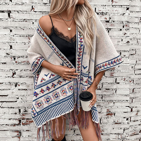 Aztec Women's Autumn and Winter Knitted Tassel Shawl Casual Loose Jacquard Cape Coat Cloak | Nomadzens