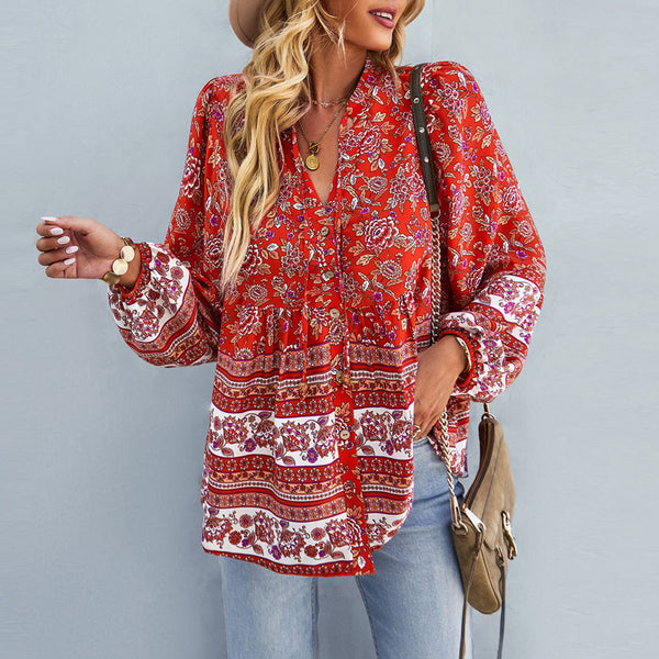 Latern Long Sleeve Boho Flower Printed Blouse Top | Nomadzens