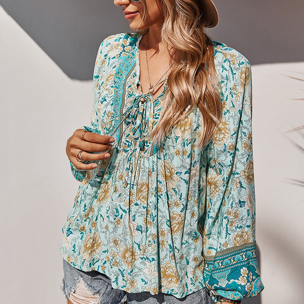 Floral Printed Latern Sleeves Lace Up Blouse Top | Nomadzens