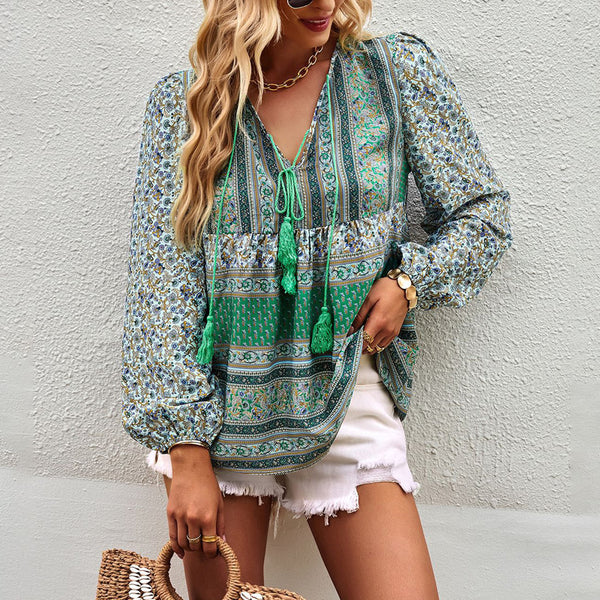 Lace Up Latern Long Sleeve Boho Flower Printed Blouse Top | Nomadzens