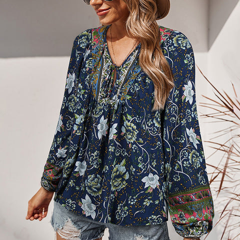 Floral Printed Latern Sleeves Lace Up Blouse Top | Nomadzens