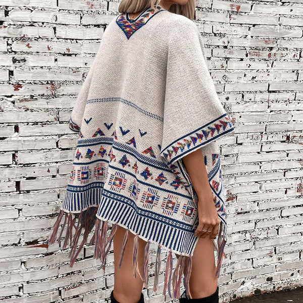 Aztec Women's Autumn and Winter Knitted Tassel Shawl Casual Loose Jacquard Cape Coat Cloak | Nomadzens