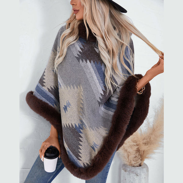 Aztec Women's Knitted Tassel Shawl Casual Loose Jacquard Fur Collar Cape Coat Cloak | Nomadzens