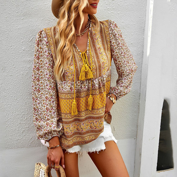 Lace Up Latern Long Sleeve Boho Flower Printed Blouse Top | Nomadzens