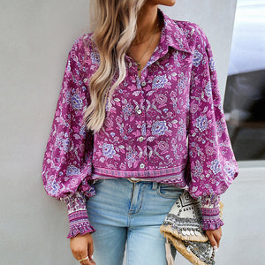Boho Floral Printed Latern Sleeves Blouse Top | Nomadzens