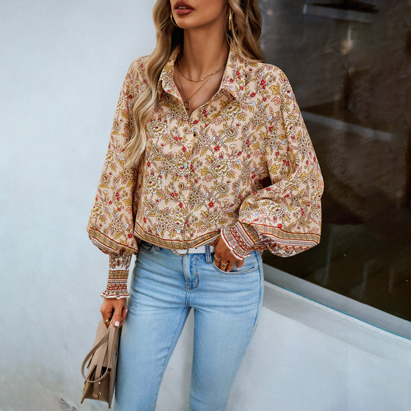 Boho Floral Printed Latern Sleeves Blouse Top | Nomadzens