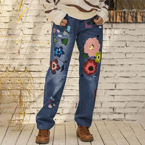 Flower Print Straight Jeans | Nomadzens