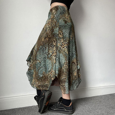 Retro Botanical Printed Irregular Skirt Niche Layered Design Drapey A-line Lace Splicing Skirt | Nomadzens