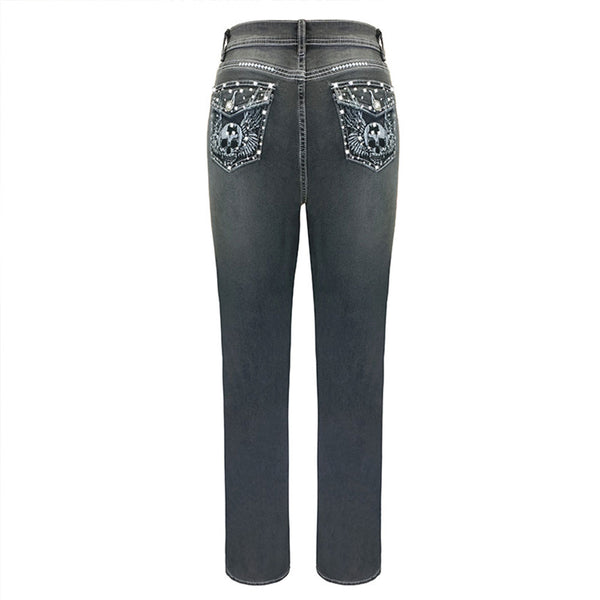 Embroidered Skull and Rhinestones Embellished Stretch Slim Straight Women's Jeans | Nomadzens