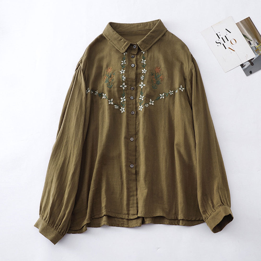 Embroidered Loose Casual Women's Long-sleeved Shirt Cotton and Linen Shirt | Nomadzens