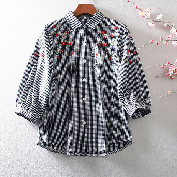 Boho Chic Plaid 3/4 Sleeves Flower Patterns Embroidered Shirt | Nomadzens