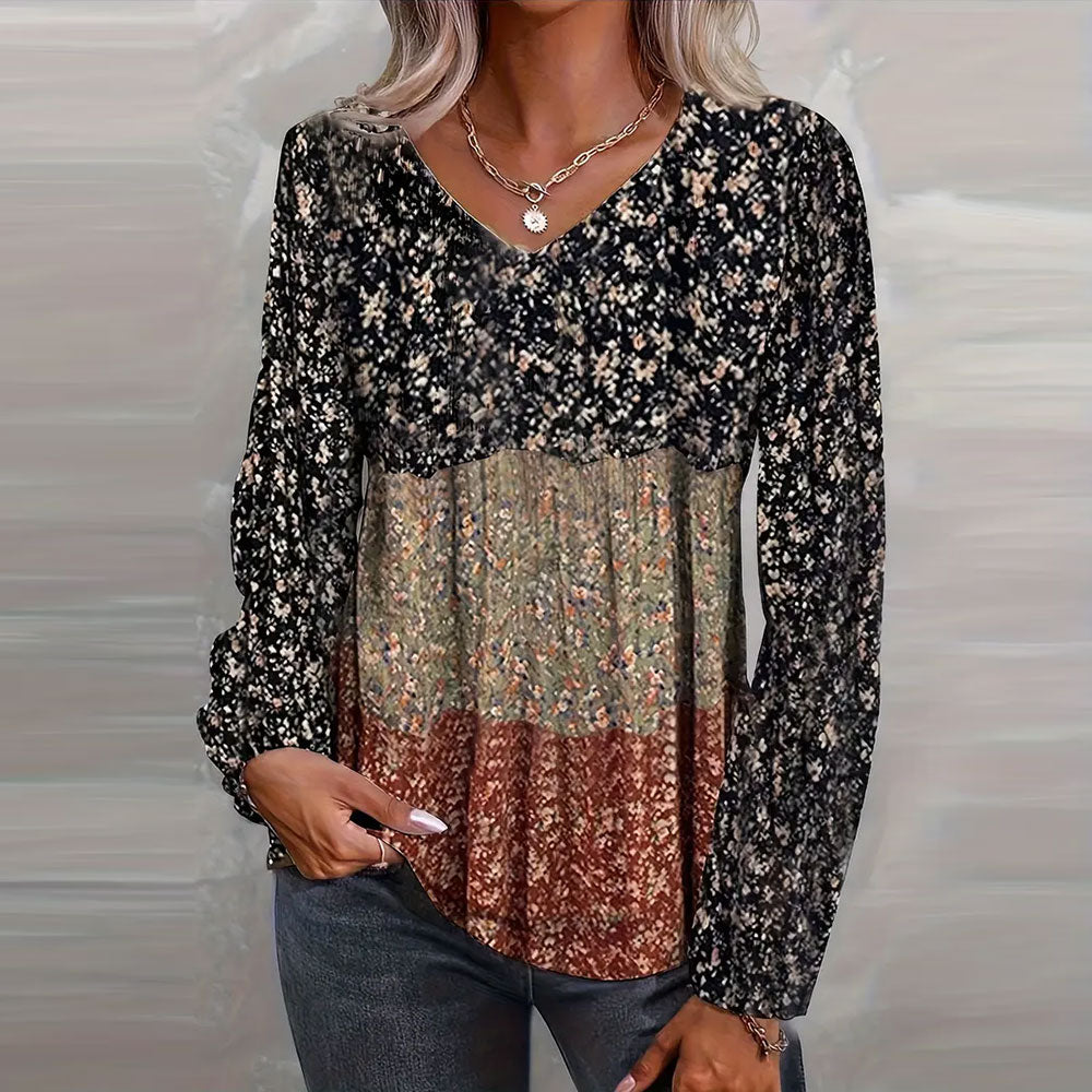 Flower Splicing Printed Long Sleeves Round Neck Shirt Women's Top | Nomadzens