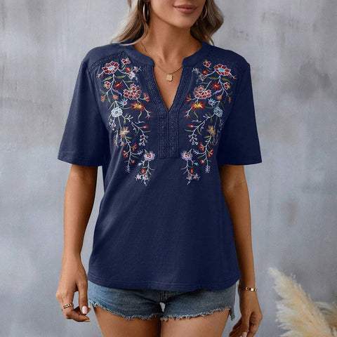 Short Sleeves Flower Patterns Embroidered V Neck Shirt Women's Top | Nomadzens