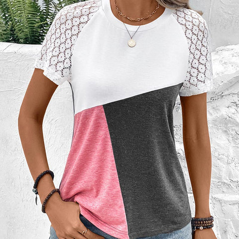 Color Block Lace Panel Casual Short Sleeve T-Shirt | Nomadzens