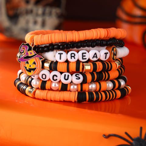 Halloween Pumpkin Layered Pearl Beaded Elastic Bracelet Set | Nomadzens