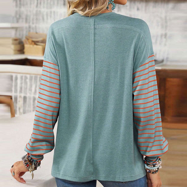 Casual Long Sleeves Contrast Color Stripes Printed Women's Top | Nomadzens