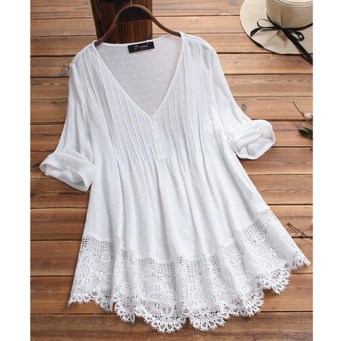 Chiffon Jacquard Pleats Lace Cutouts Short Sleeve Shirt | Nomadzens