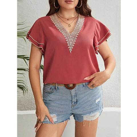 Plus Size Lace Stitching Short Sleeves Top | Nomadzens