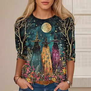 Withches Printed Long Sleeves Round Neck Shirt Women's Top | Nomadzens