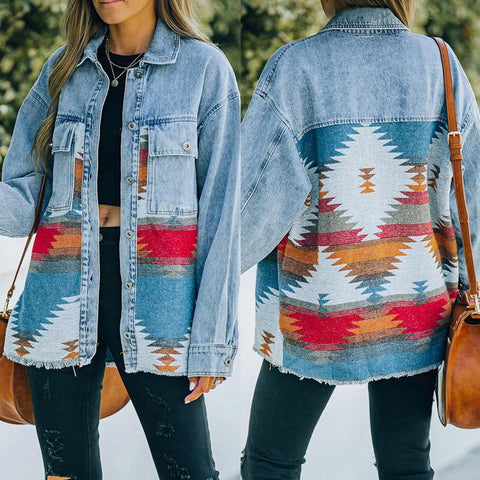 Aztec Print Lapel Pocket Denim Panel Wool Coat Jacket | Nomadzens