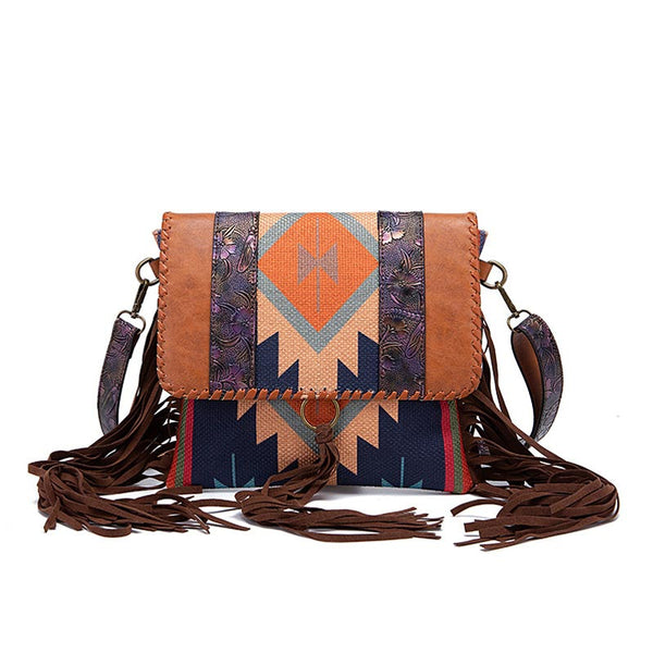 Aztec Print Mixed Color Stitching Tassel Satchel Handbag | Nomadzens