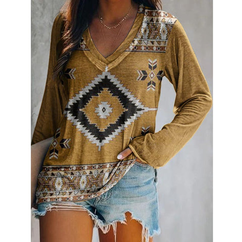 Casual Boho Printed Long Sleeve V-Neck T-Shirt | Nomadzens