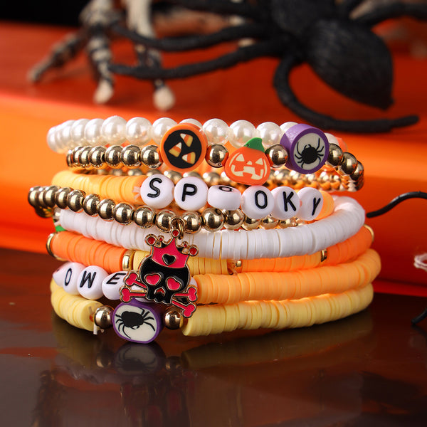 Halloween Pumpkin Layered Pearl Beaded Elastic Bracelet Set | Nomadzens