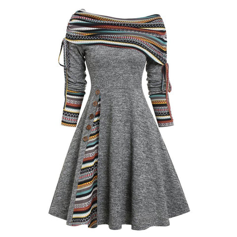 Grey High Elasticity Geometric Print Cashmere Stitching Retro Dress | Nomadzens