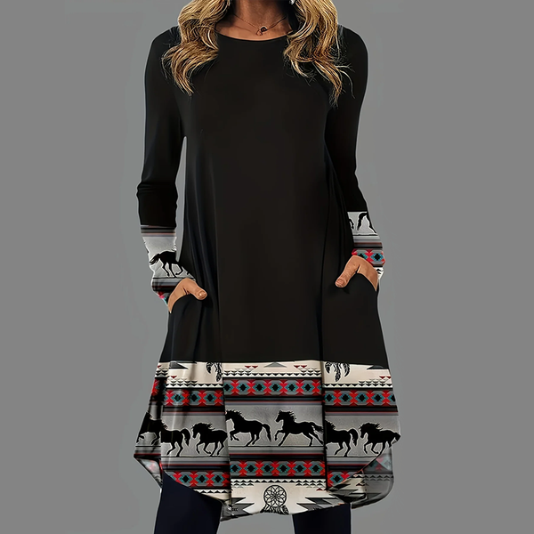 Aztec Print Ethnic Dress, Casual Crew Neck Long Sleeve Dress, Women's Clothing