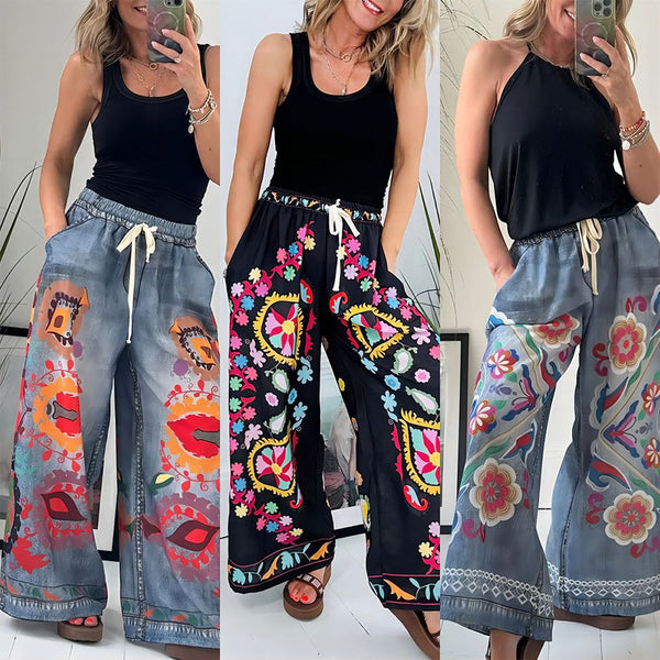 Boho Faux Denim Printed Pocket Loose Casual Printed Drawstring Pants | Nomadzens