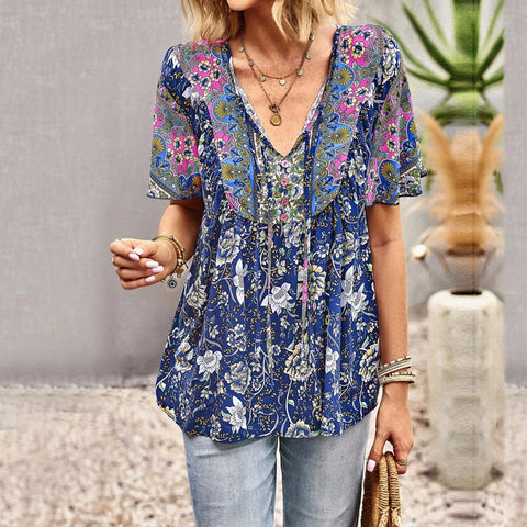 V-Neck Flower Printed Short Sleeve Blouse | Nomadzens