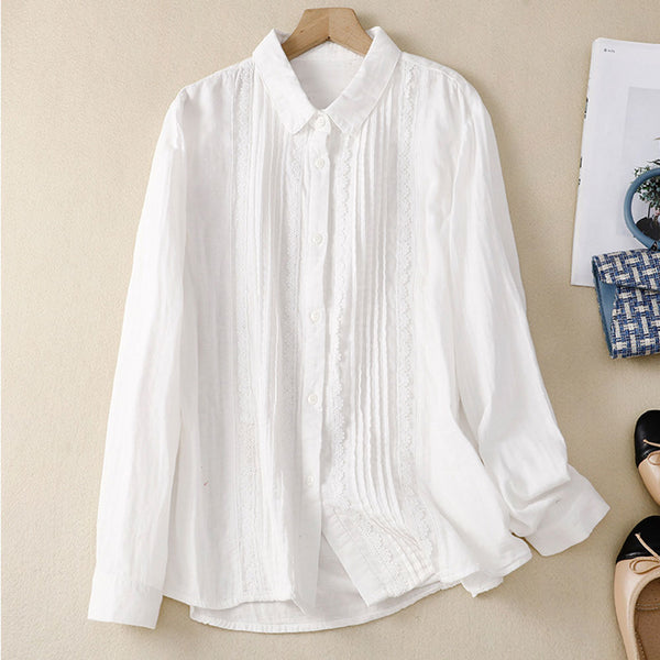 Lace Stitching Casual Women's Long-sleeved Shirt Cotton and Linen Shirt | Nomadzens