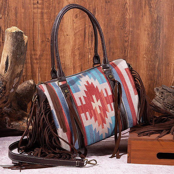 Aztec Print Mixed Color Stitching Tassel Boston Bag Handbag | Nomadzens