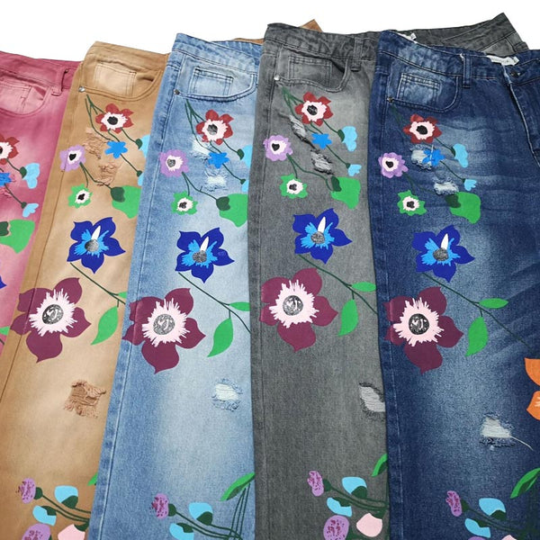 Flower Print Straight Jeans | Nomadzens