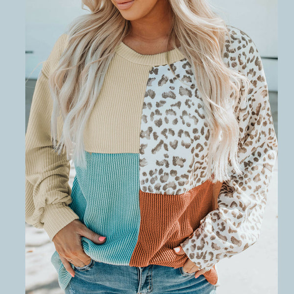 Casual Long Sleeves Contrast Color Leopard Printed Women's Top | Nomadzens