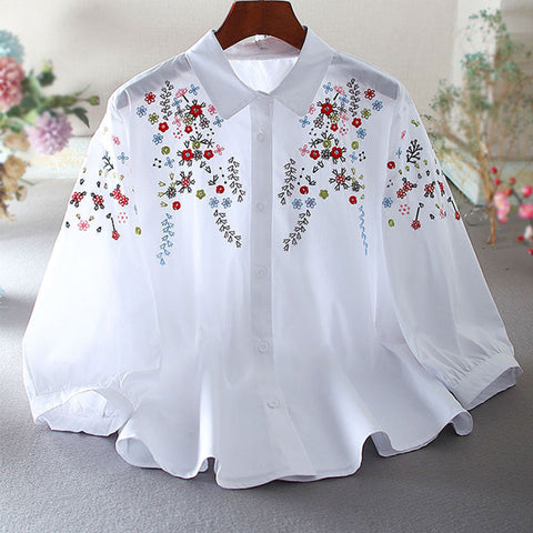 Boho Chic White 3/4 Sleeves Flower Patterns Embroidered Shirt | Nomadzens