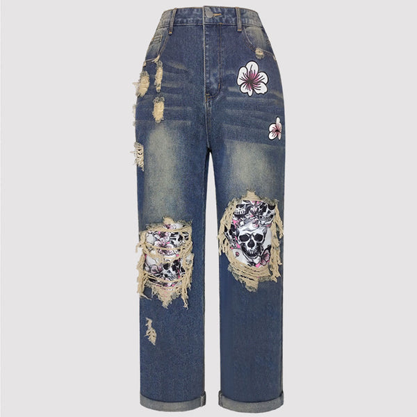 Distressed Patchwork Skull Print Women's Jeans | Nomadzens