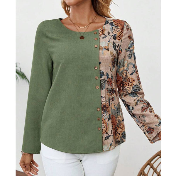 Flower Splicing Printed Long Sleeves Round Neck Button Decoration Shirt Women's Top | Nomadzens