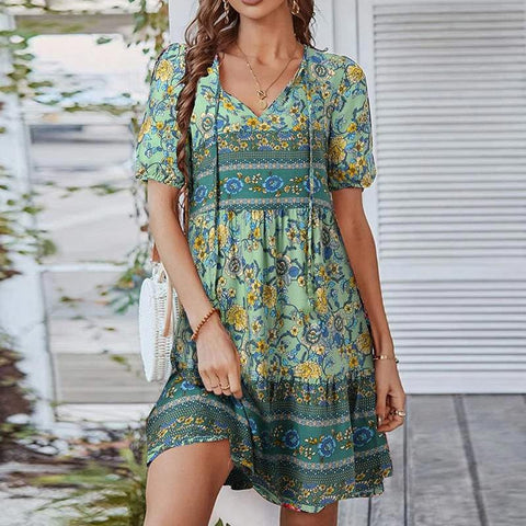 Boho Floral Printed Casual Lace Up Dress | Nomadzens
