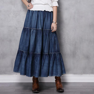 Retro Style Denim Stitching Pleated Gathered Long Skirt | Nomadzens