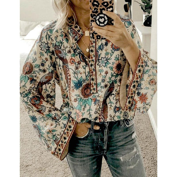 Boho Floral Printed Long Sleeve Blouse | Nomadzens