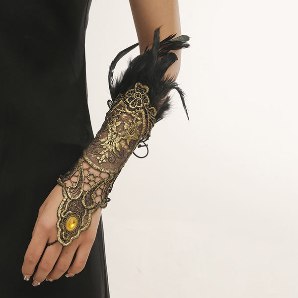 Retro Hollow out Lace Stitching Feather Arm Chain Gloves | Nomadzens