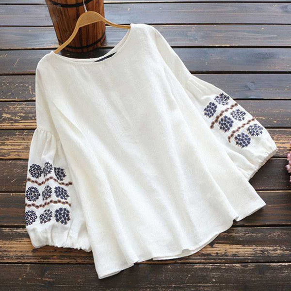 Round Neck Embroidered Lantern Sleeve Loose Top Shirt | Nomadzens