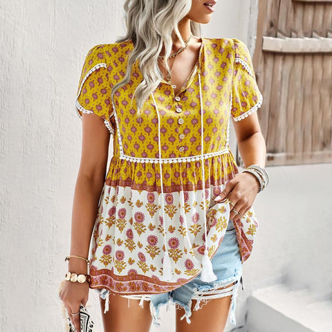 V-Neck Boho Flower Printed Short Sleeve Blouse | Nomadzens