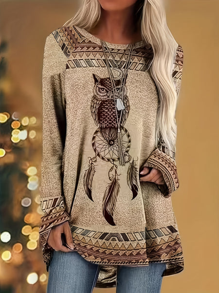 Owl Print Raglan Sleeve Vintage Boho Crew Neck Tunics | Nomadzens