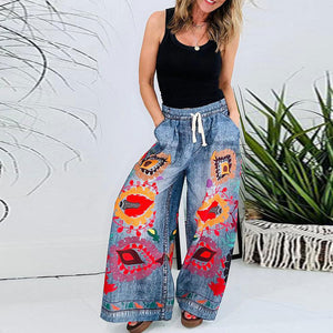 Boho Faux Denim Printed Pocket Loose Casual Printed Drawstring Pants | Nomadzens