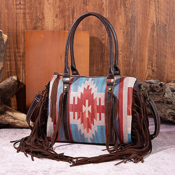 Aztec Print Mixed Color Stitching Tassel Boston Bag Handbag | Nomadzens