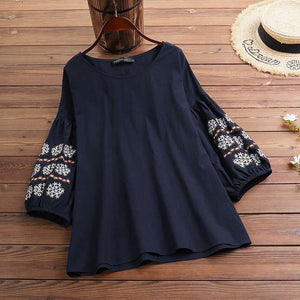 Round Neck Embroidered Lantern Sleeve Loose Top Shirt | Nomadzens