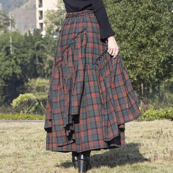 Retro Layered Irregular Hem Plaid Cotton Skirt | Nomadzens