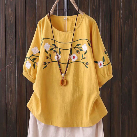 Boho Chic 3/4 Sleeves Flower Patterns Embroidered Shirt | Nomadzens